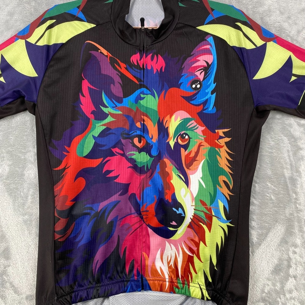 Weimostar Cycling Jersey Mens Size M Black Multi Color Wolf Graphic Bike Shirt